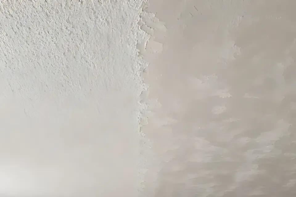 Ceiling texture: close-up detail from the popcorn ceiling removal photo above, for step 1, Test before disturbance.
