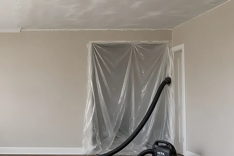 Containment: close-up detail from the popcorn ceiling removal photo above, for step 2, Match the crew to the result.