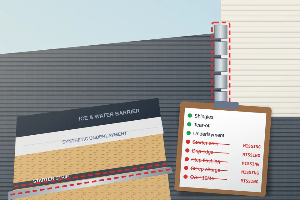 Illustration of a roof eave cut open to show decking, ice and water barrier, underlayment, starter strip and drip edge, step flashing at a sidewall, and a clipboard estimate with missing lines marked in red.