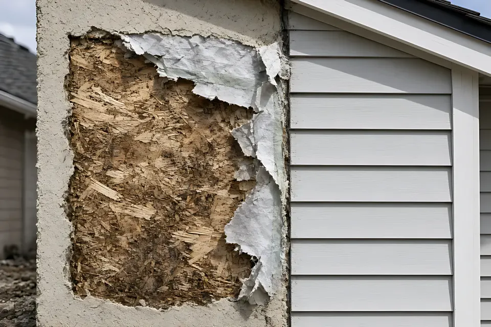House wall with failed stucco removed, exposed sheathing, and new fiber-cement siding started.