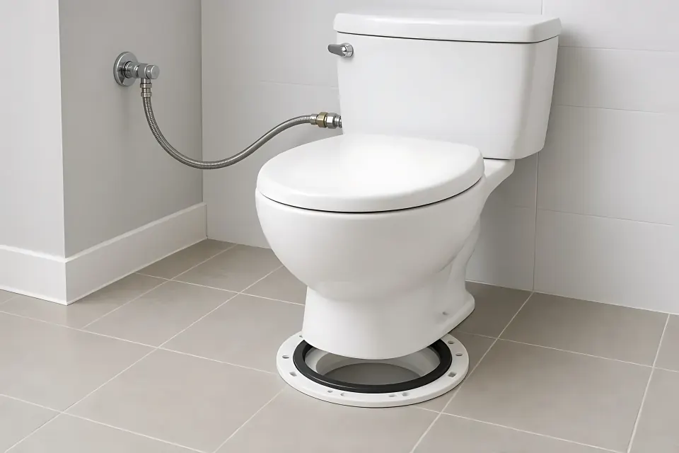 A new two-piece toilet set on a flange, with a wax ring and a braided supply line.
