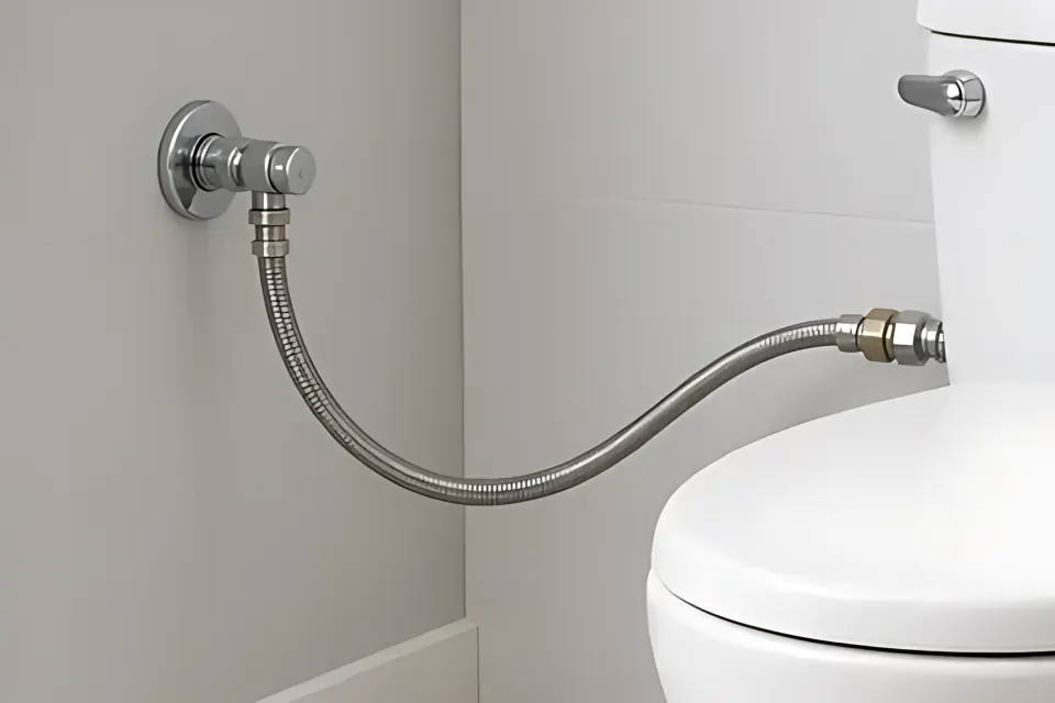 Supply line: close-up detail from the toilet photo above, for step 3, The supply.