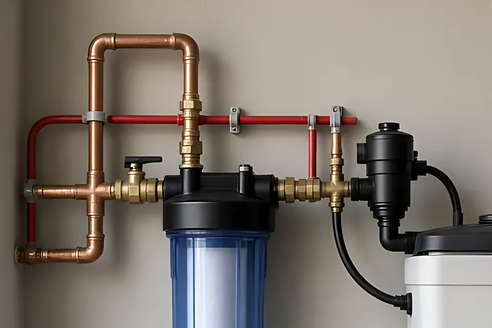 Bypass valves: close-up detail from the water filter photo above, for step 2, The bypass and the drain.