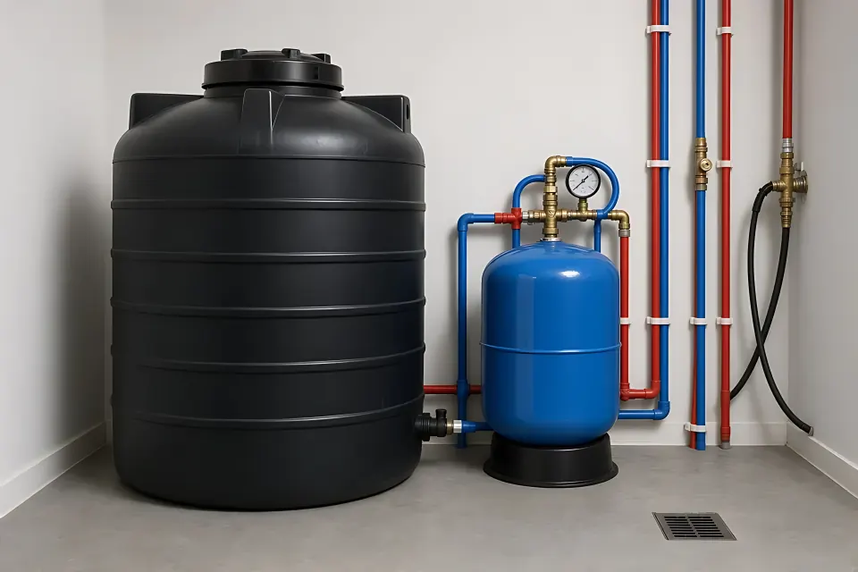 A polyethylene water storage tank and a smaller blue pressure tank with piping in a utility room.