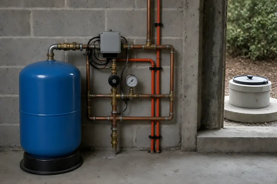 Residential well pressure tank and piping in a utility room, with the well equipment nearby.