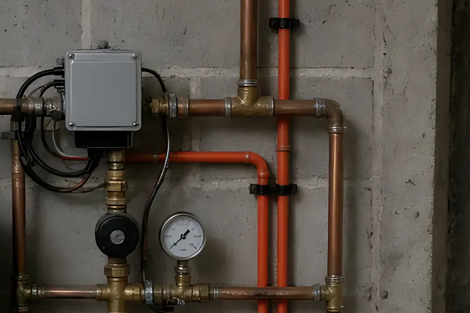 Switch and gauge: close-up detail from the well pump tank photo above, for step 1, Depth and horsepower.
