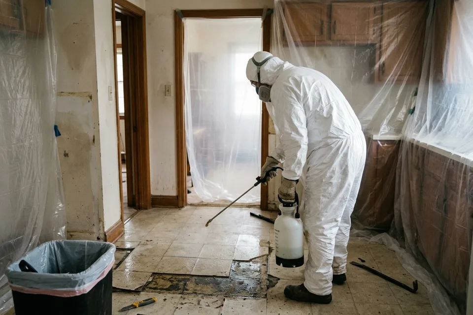 Abatement worker wetting old floor tiles before careful removal.