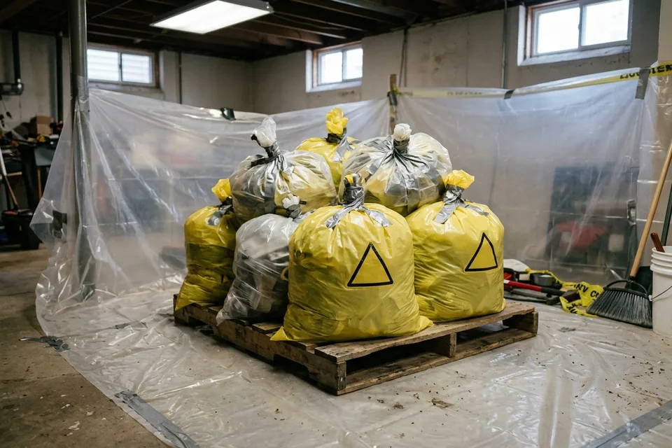 Sealed disposal bags of removed material staged for transport.