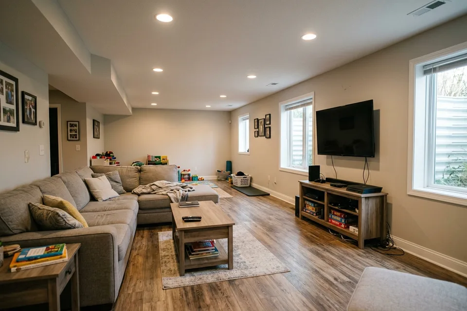 Finished basement family room with vinyl plank flooring and recessed lighting.