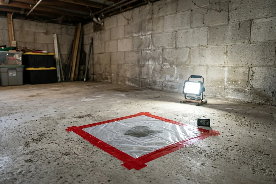 Plastic sheet taped to a basement slab as a moisture test before finishing.
