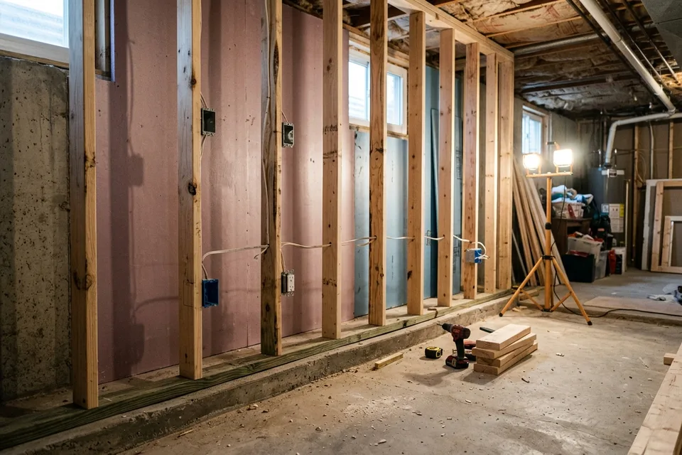 Framed basement walls with rigid foam insulation and electrical boxes.