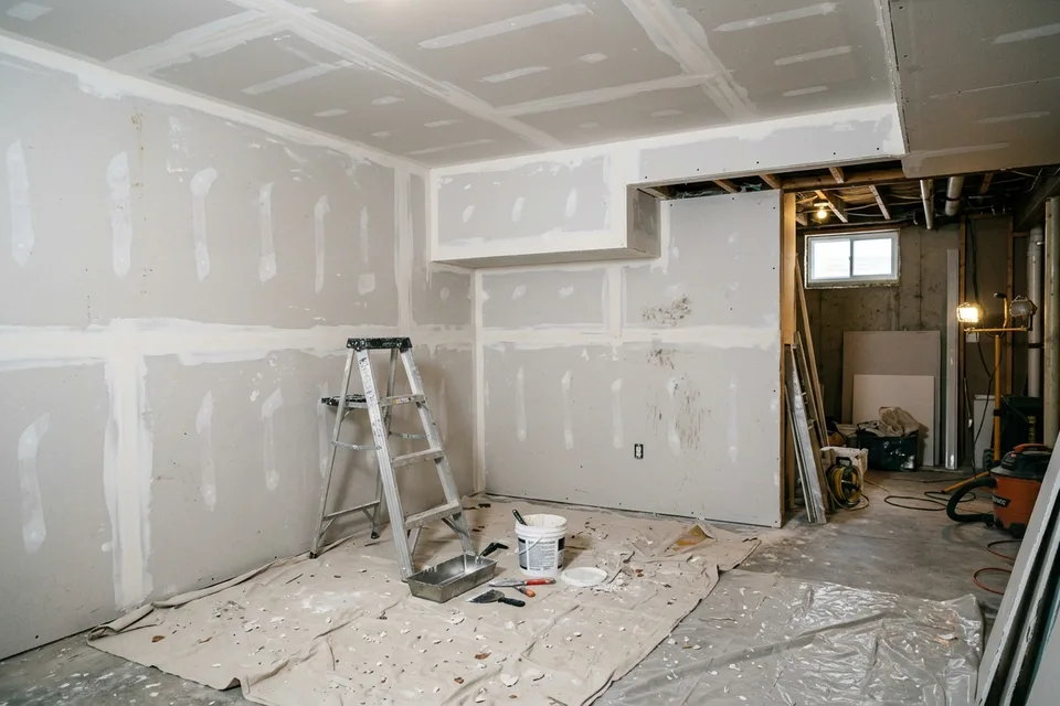 Drywall hung and taped in a basement finishing project.