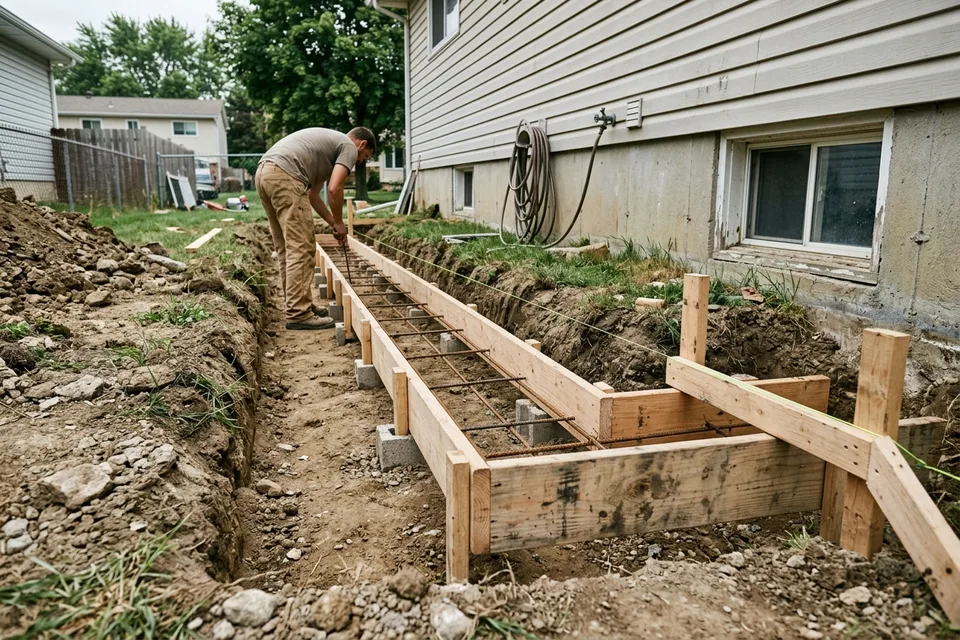 Footing trench with rebar and forms for a home addition foundation.