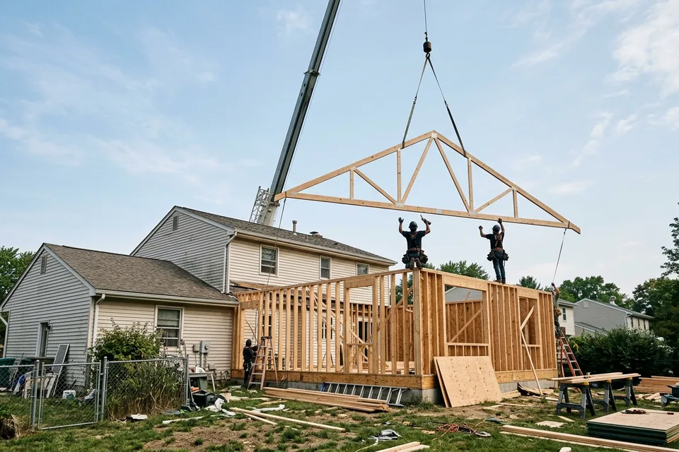 Roof trusses set on the framed walls of a home addition.