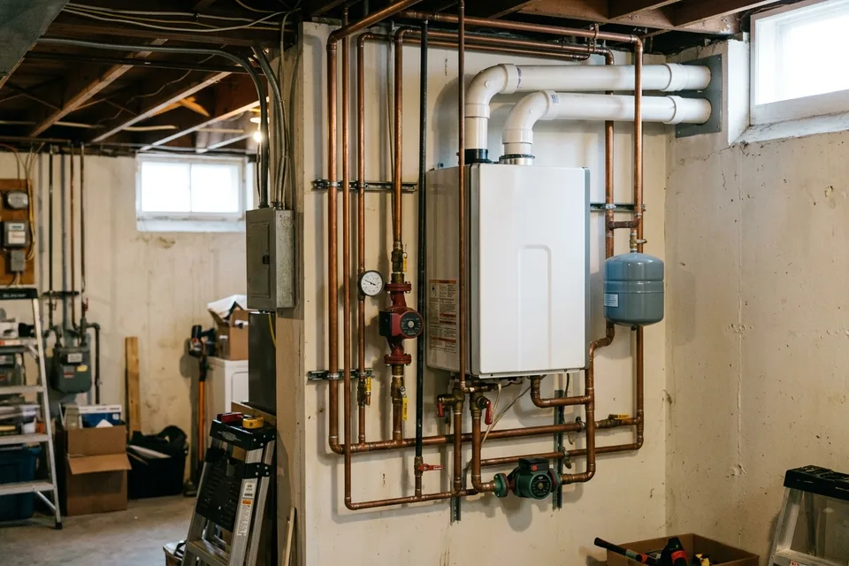 Modern wall-hung condensing boiler with copper piping and circulator pumps in a basement.