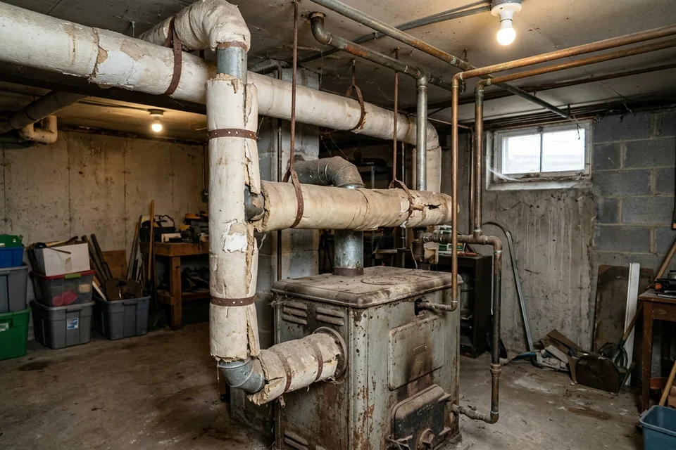 Old cast-iron boiler in a basement before replacement.