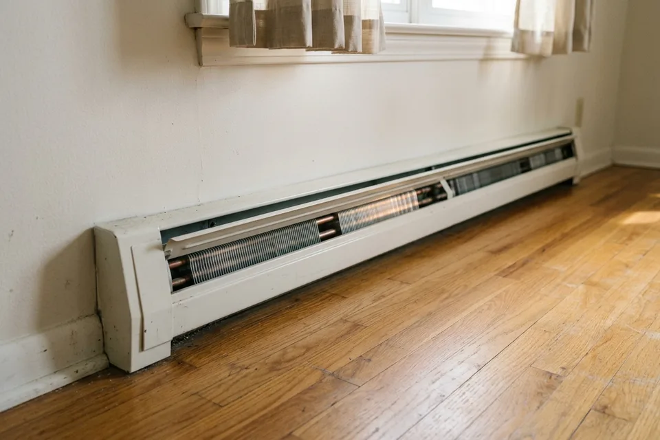 Baseboard hydronic heater in a living room fed by a new boiler.