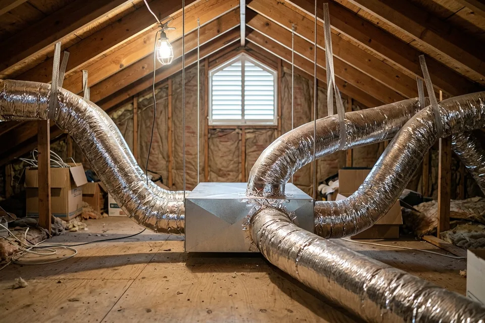 New insulated ductwork branching from a plenum in an attic.