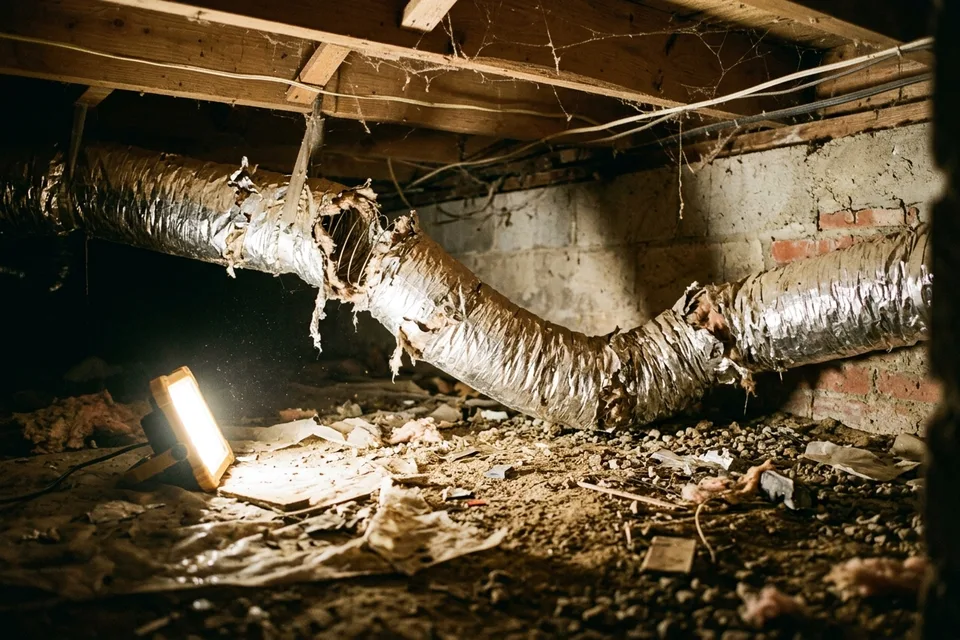 Damaged old flex duct with torn insulation and a loose joint in a crawl space.
