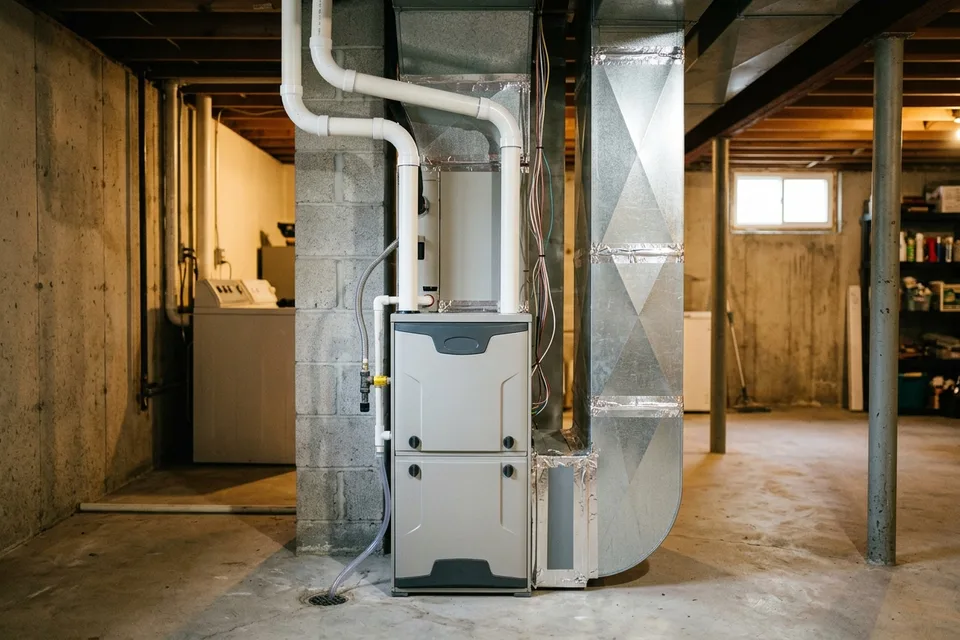 Newly installed high-efficiency gas furnace with PVC vent pipes and ductwork connections.