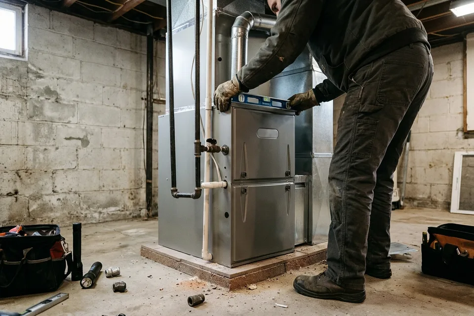 Technician levelling a new furnace and connecting gas and condensate lines.
