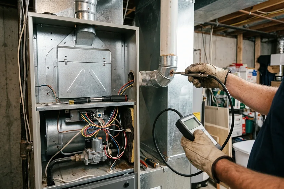 Technician testing a newly installed furnace with a combustion analyser.