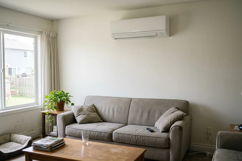 Wall-mounted ductless mini-split indoor unit in a living room.
