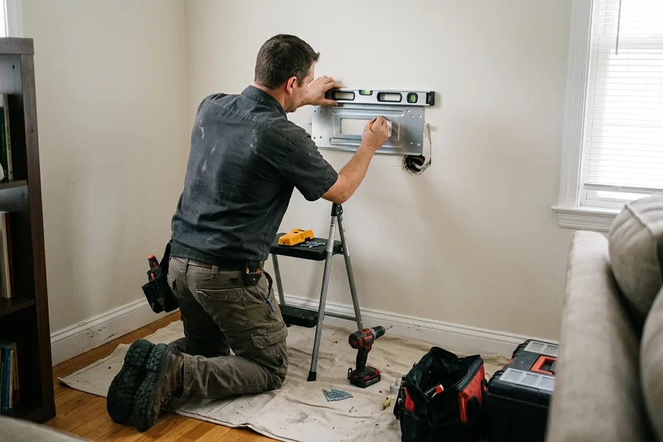 Installer levelling and fastening a mini-split mounting plate to a wall.
