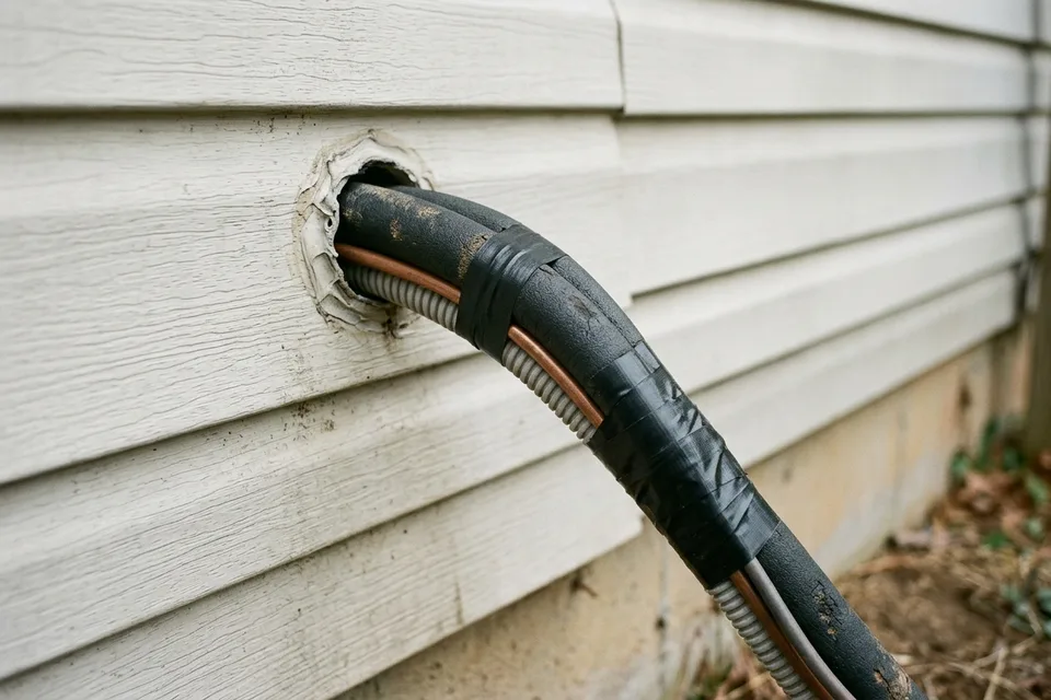 Insulated line set, drain hose and cable passing through a wall for a mini-split.