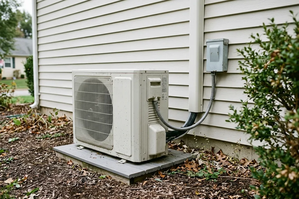 Mini-split outdoor condenser on a pad with a line set cover and electrical disconnect.