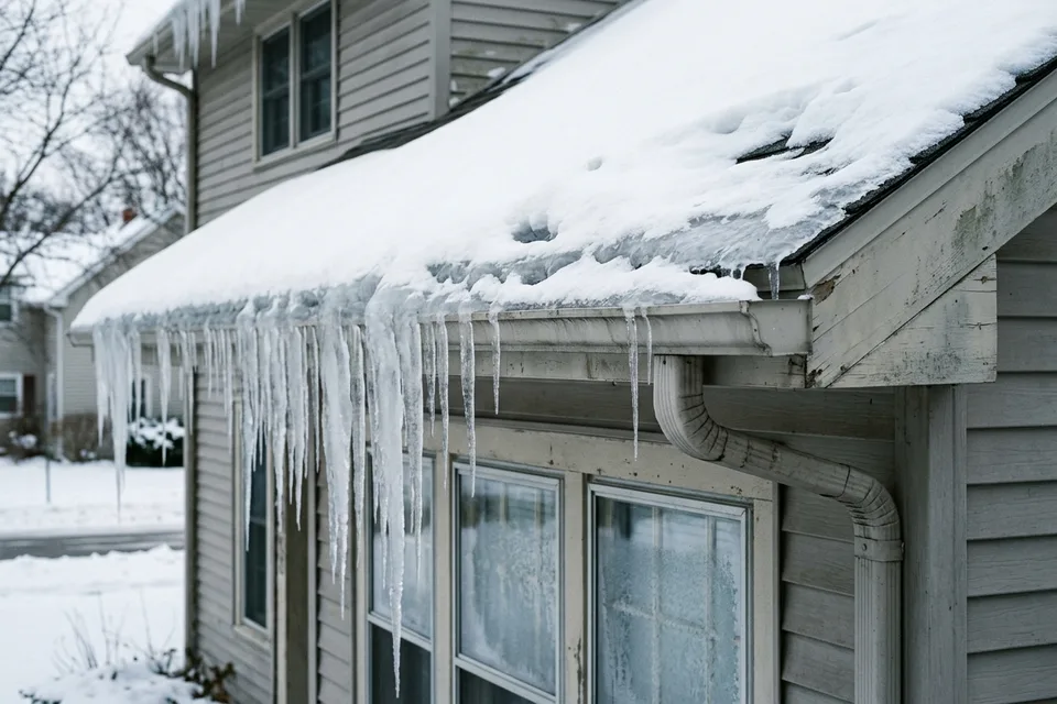 Ice dam and long icicles along the eave of a snow-covered roof.