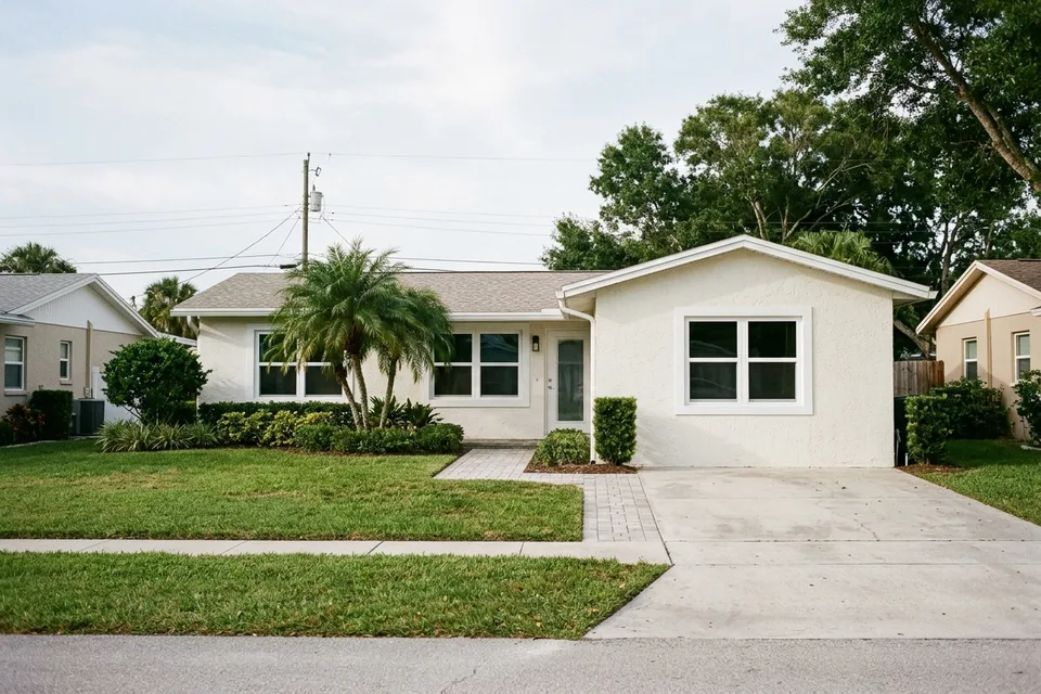 Stucco home with new impact-rated windows in a coastal neighbourhood.