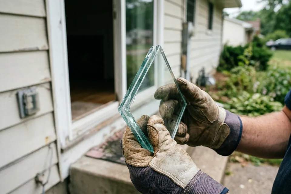 Corner sample showing the laminated interlayer in impact-rated glass.