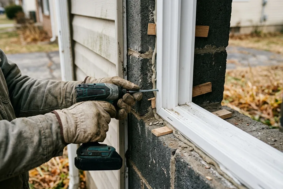 Installer anchoring an impact window frame into a masonry opening.
