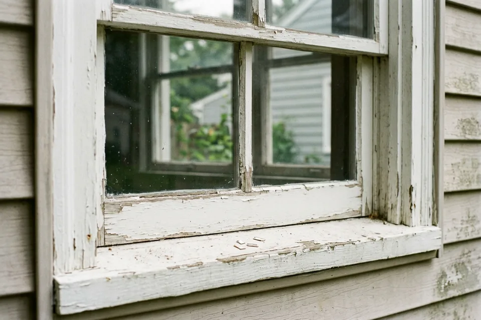 Old wooden window with peeling layered paint on the sill and frame.