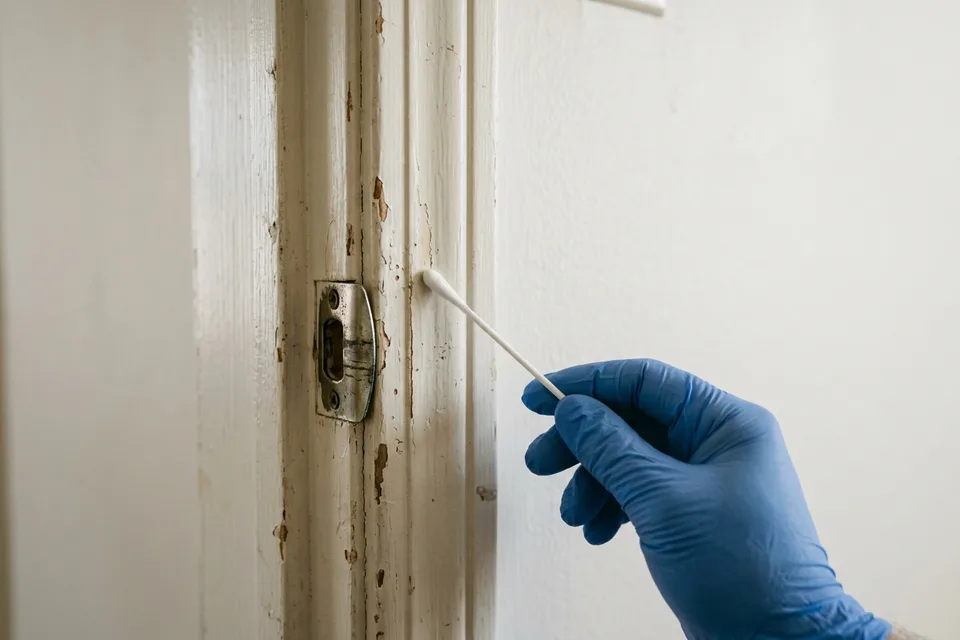 Gloved hand using a swab test on painted trim to check for lead.