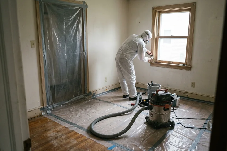 Contained work area with plastic sheeting and a HEPA vacuum for lead paint work.