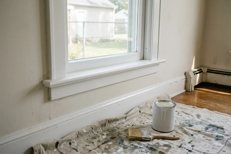 Freshly painted window trim after lead paint stabilisation.