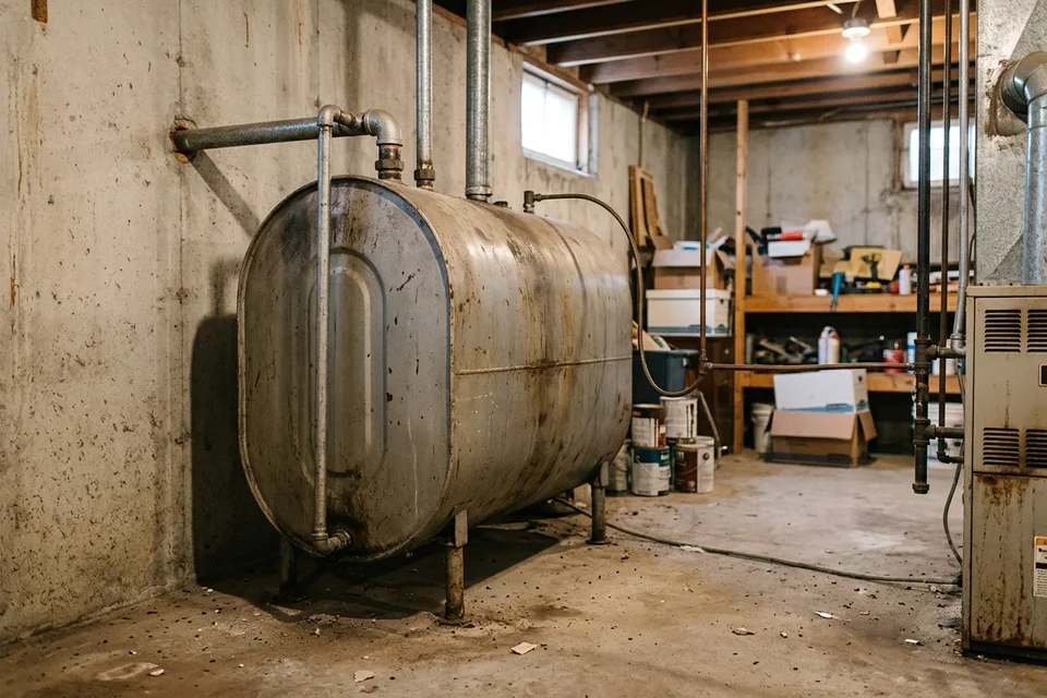 Old steel heating-oil tank in a home basement with fill and vent lines.