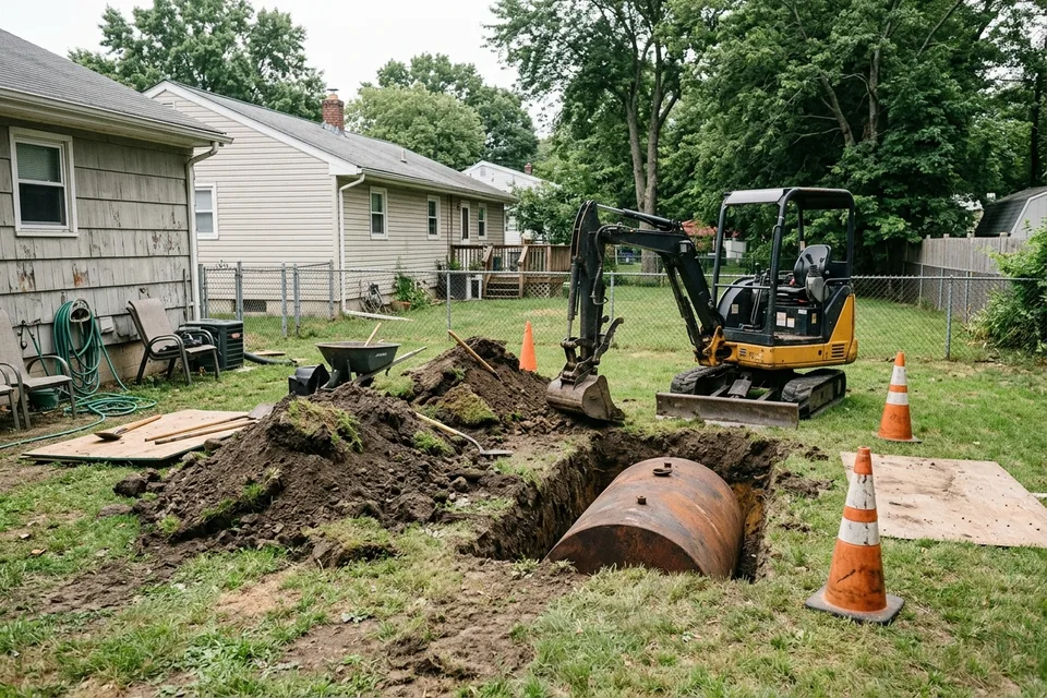 Excavation exposing a buried residential heating-oil tank in a back yard.
