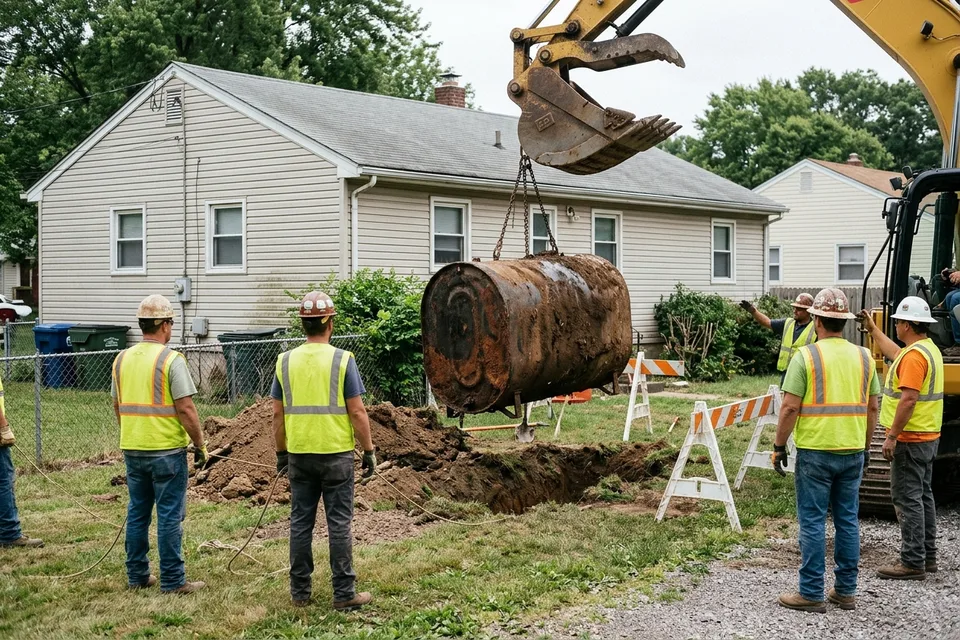 Excavator lifting an emptied oil tank out of the ground at a home.