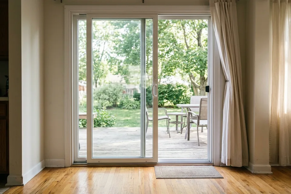 Sliding glass patio door opening from a living room onto a deck.
