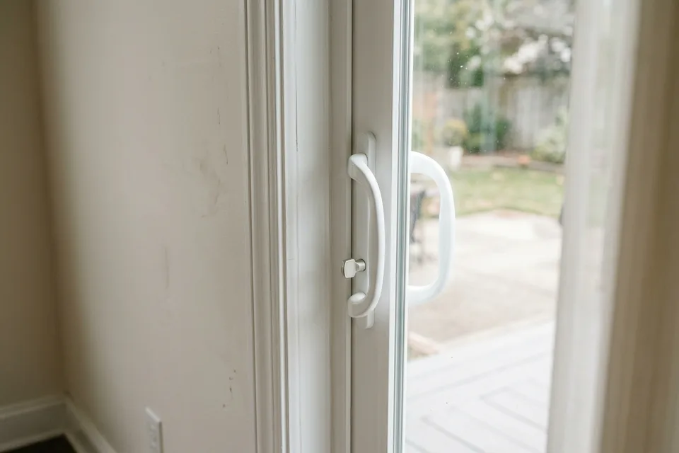 Interior trim and locking hardware on a newly installed sliding patio door.