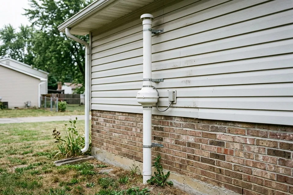 Radon mitigation pipe and inline fan mounted on the exterior wall of a house.