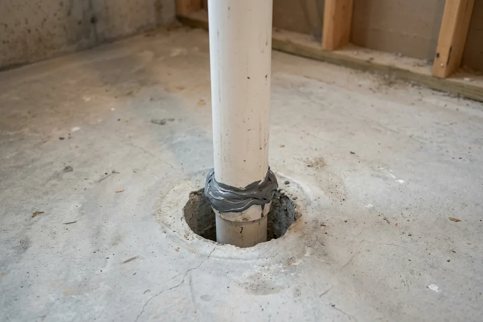 Suction point in a basement slab with a PVC riser sealed for a radon system.