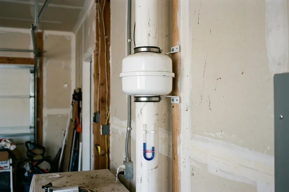 Radon system fan and manometer showing the system is running.