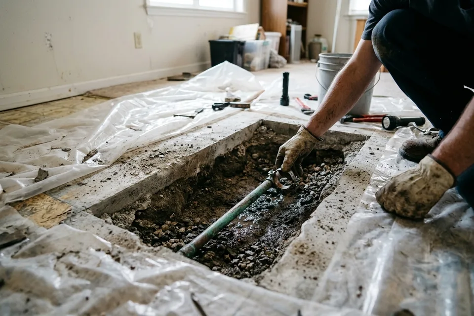 Open trench in a concrete slab floor exposing a corroded copper water line during a slab leak repair.