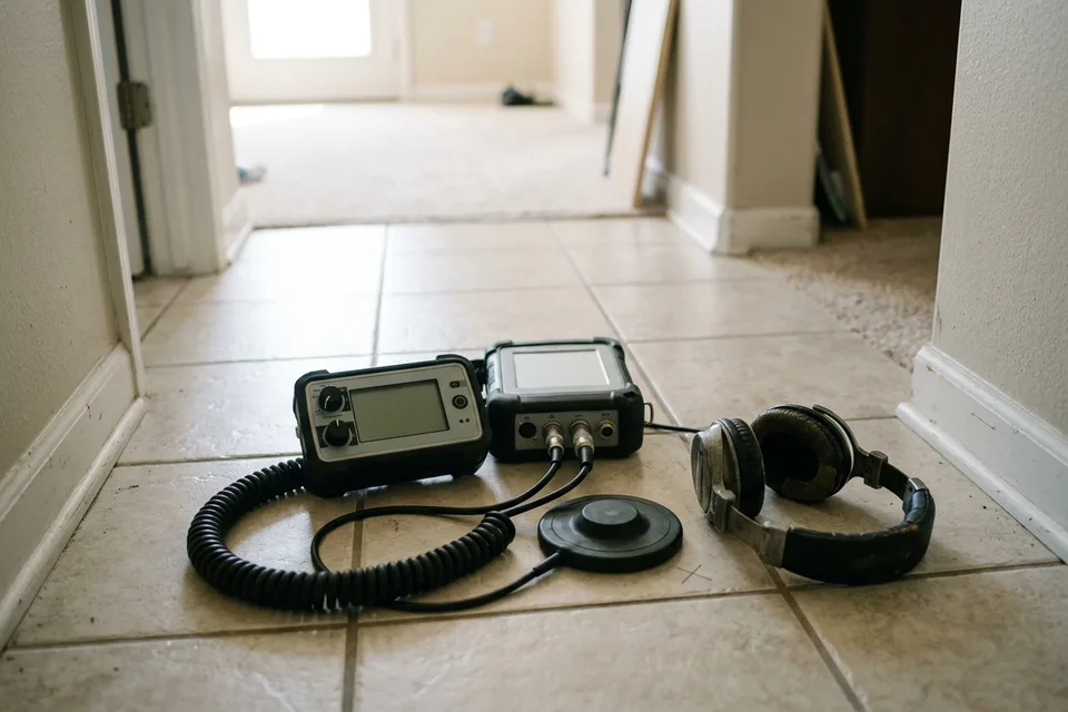 Plumber using an acoustic leak detector on a tile floor to pinpoint a slab leak.
