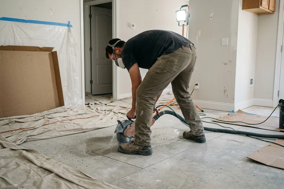 Contractor cutting an access opening in a concrete slab to reach a leaking pipe.