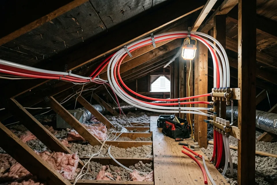 New PEX water lines routed through an attic as an alternative to repairing a leaking slab pipe.